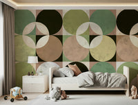 Modern retro mural showcasing a harmony of circles in soft orange, beige, and brown tones.