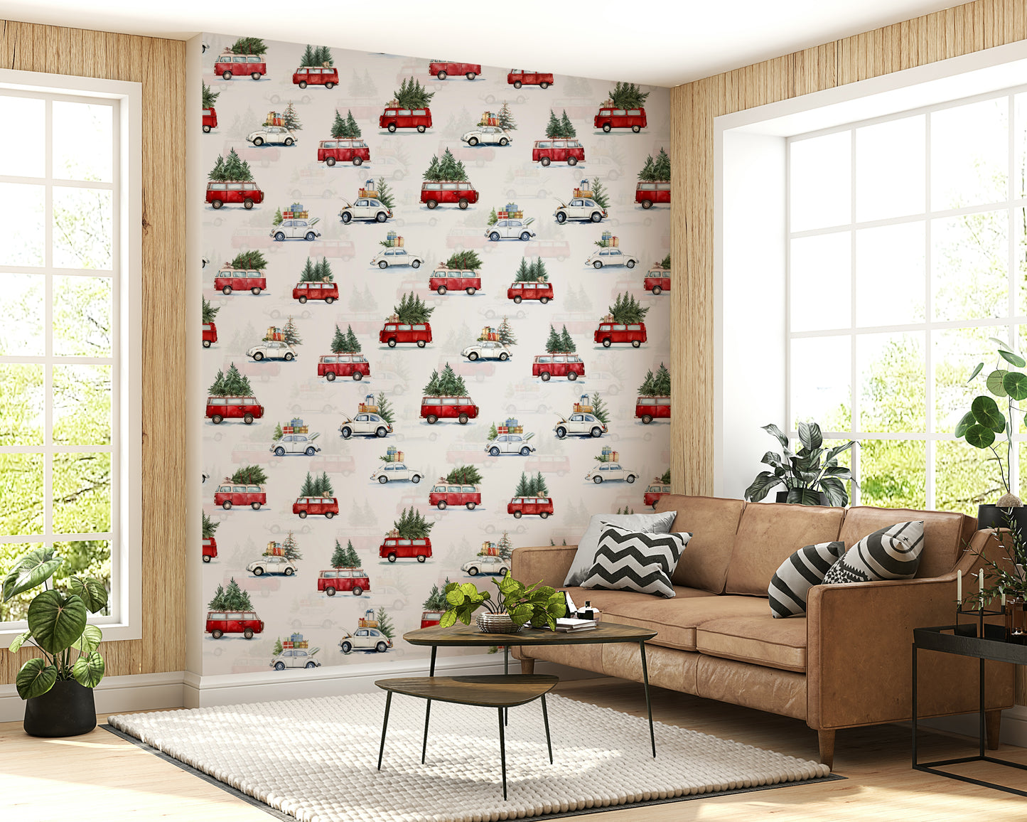 Retro vehicle-themed wallpaper with colorful camionette (mini truck) designs for fun interiors.