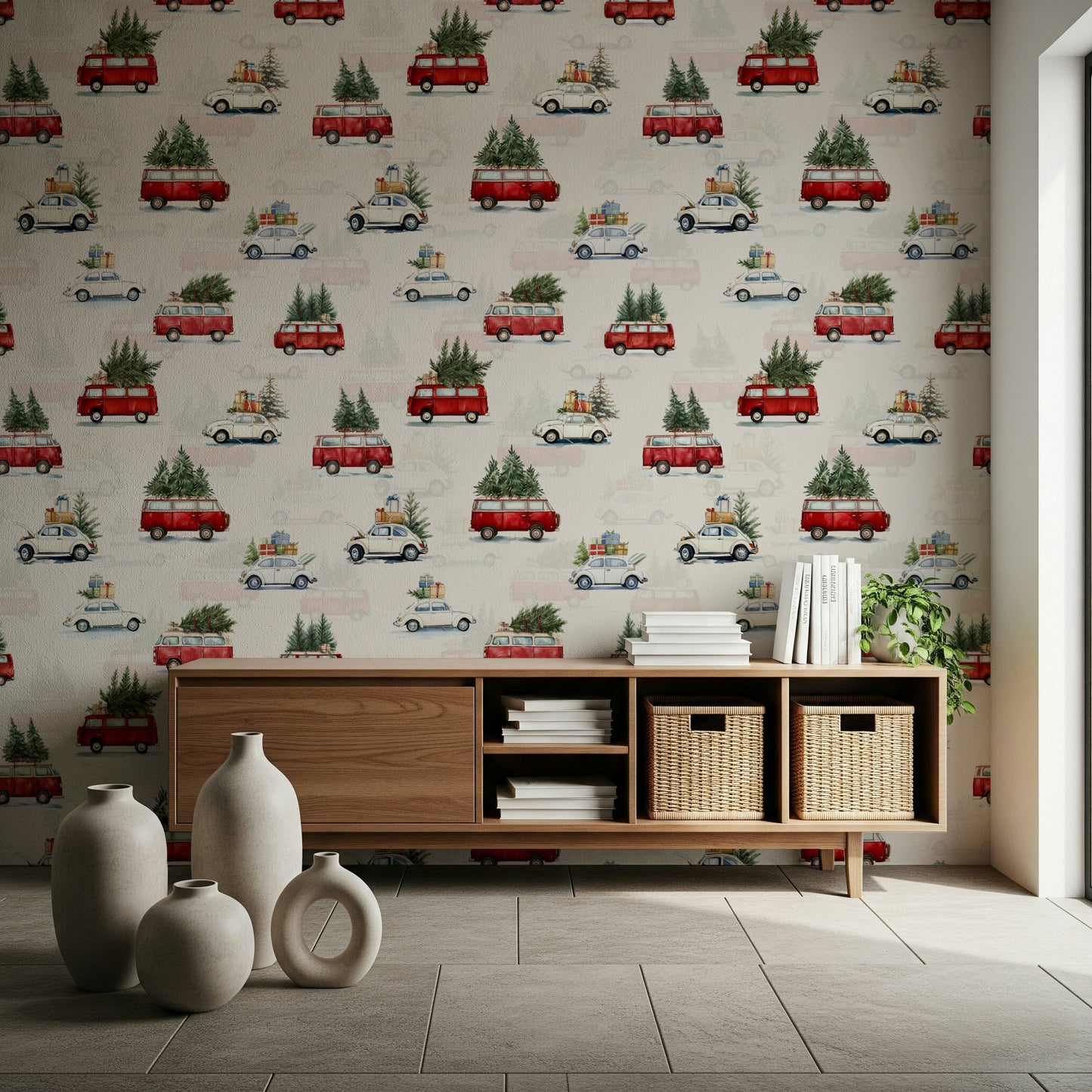 Vintage-inspired wallpaper with illustrated camionettes perfect for kids’ rooms or creative spaces.