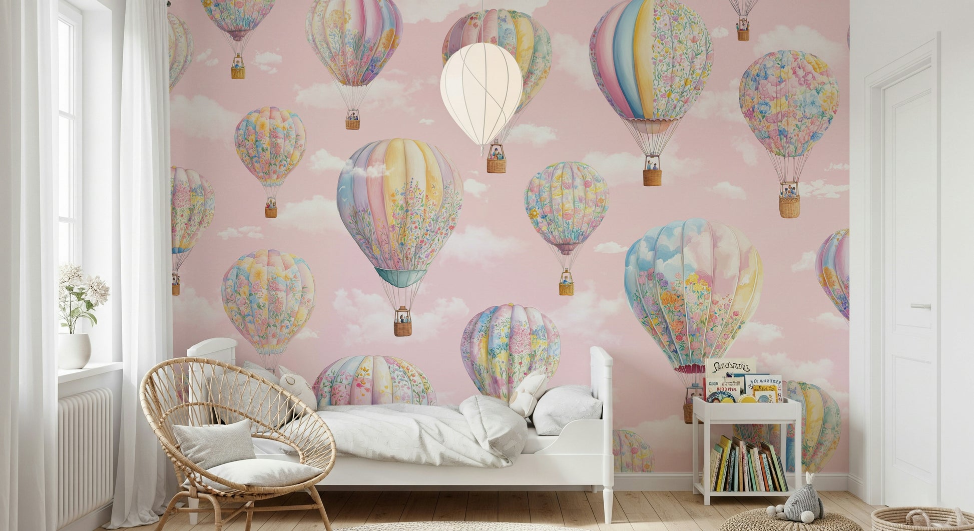 Whimsical wall mural featuring colorful hot air balloons floating across a dreamy sky.