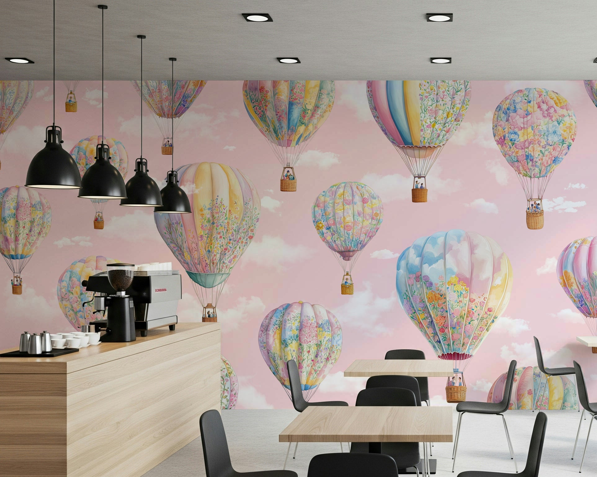 Dreamy Balloon Voyage wall mural with soft clouds and pastel tones creating a serene atmosphere.