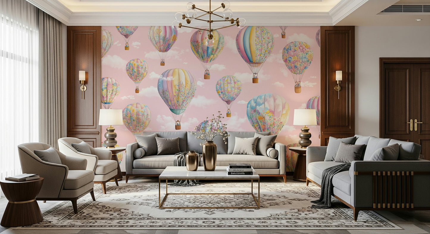Children’s wall mural featuring whimsical balloons soaring through a calm, dreamy sky.
