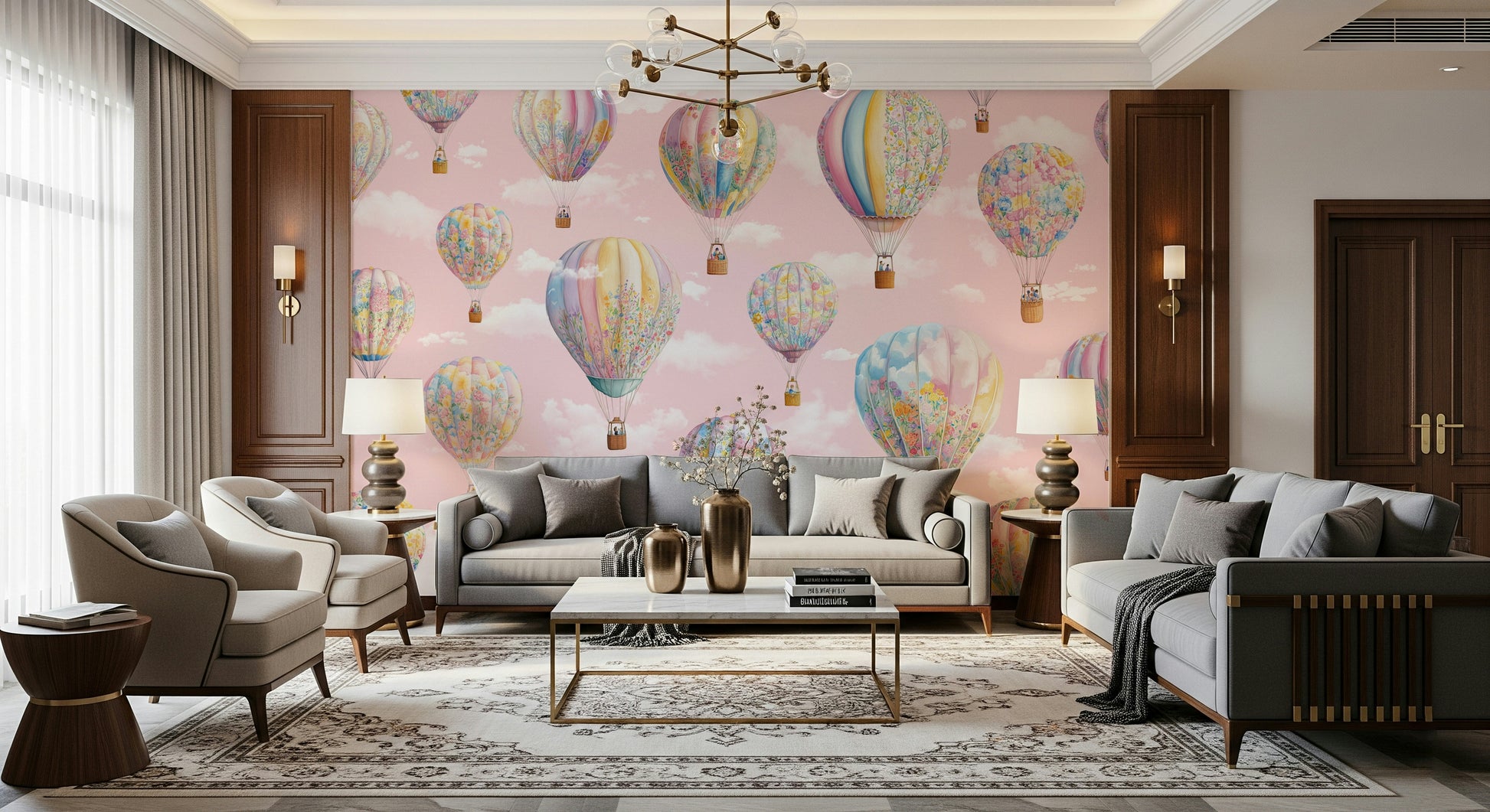 Children’s wall mural featuring whimsical balloons soaring through a calm, dreamy sky.