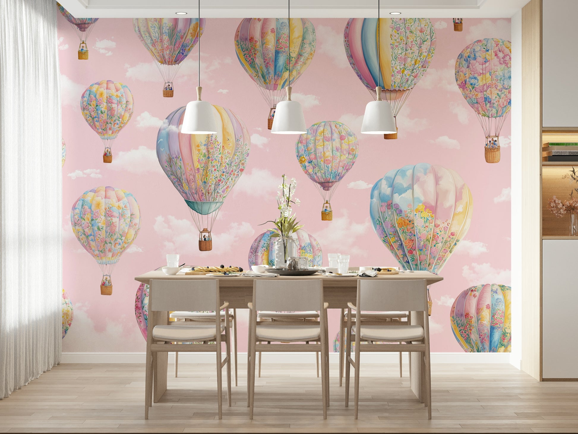 Dreamy hot air balloon mural with gentle clouds and soft hues for a peaceful wall décor look.