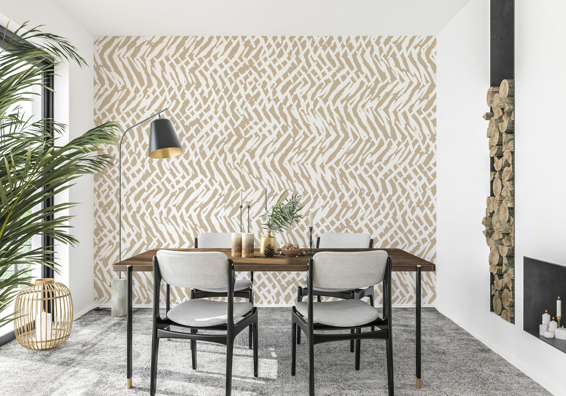 Contemporary wall mural with hand-painted brushstroke weave effect in soft neutral tones.