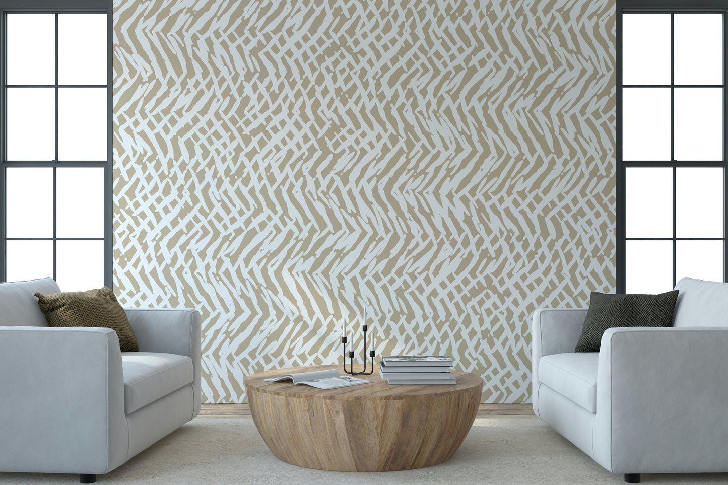 Neutral abstract wall mural with brushstroke weave design ideal for stylish, minimalist décor.