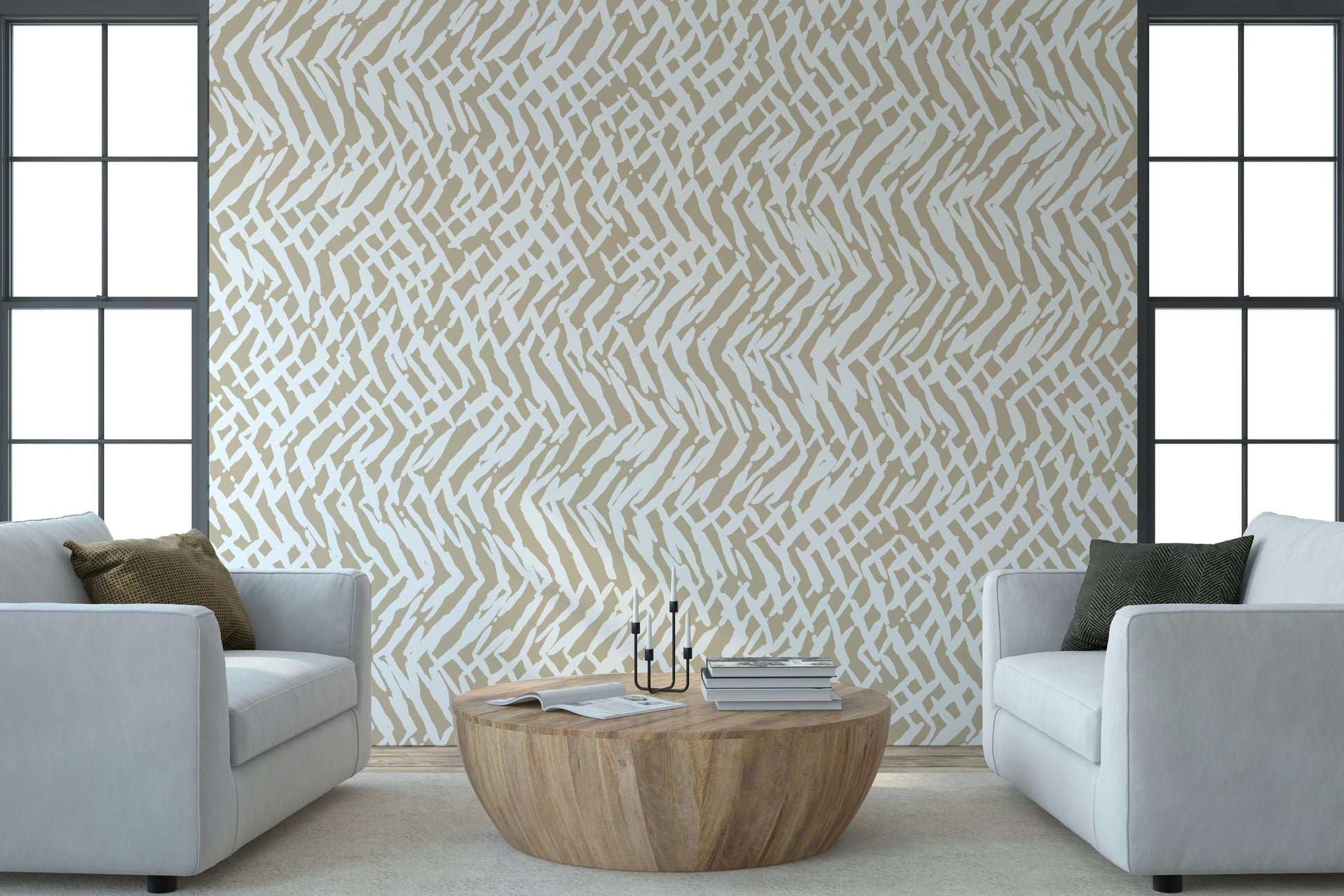 Neutral abstract wall mural with brushstroke weave design ideal for stylish, minimalist décor.