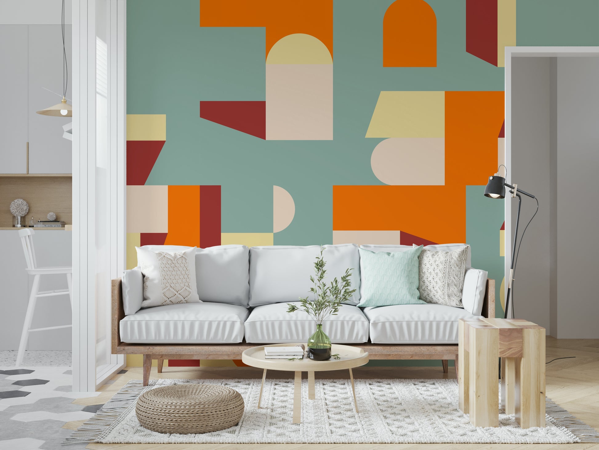 Crisp Air and Warmth wall mural with overlapping geometric shapes in soft, contemporary hues.