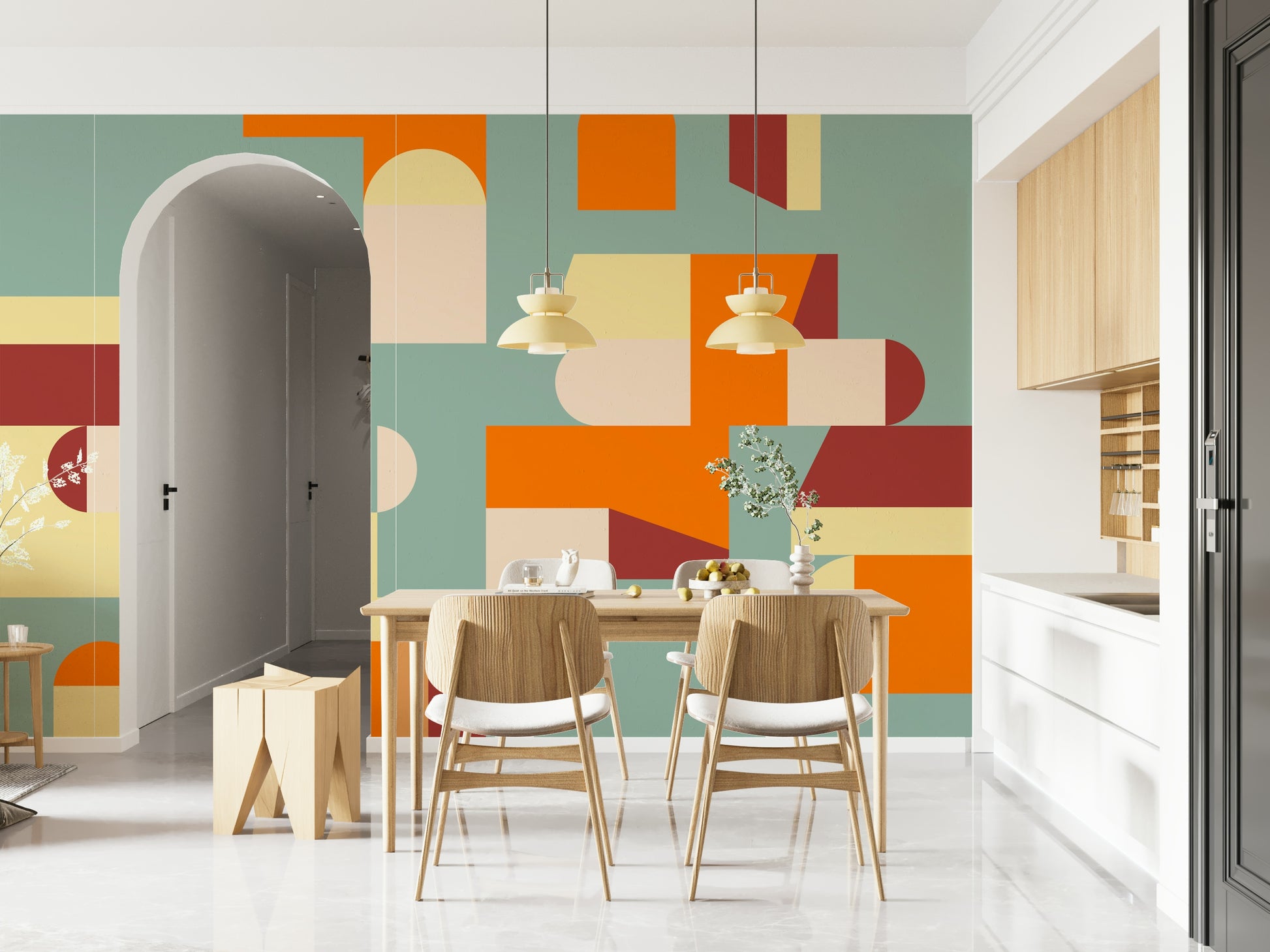 Artistic geometric wallpaper mural adding warmth and freshness to any modern interior setting.