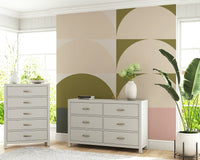 Mid-century inspired sunrise mural with bold shapes and soft gradients in a panoramic layout.