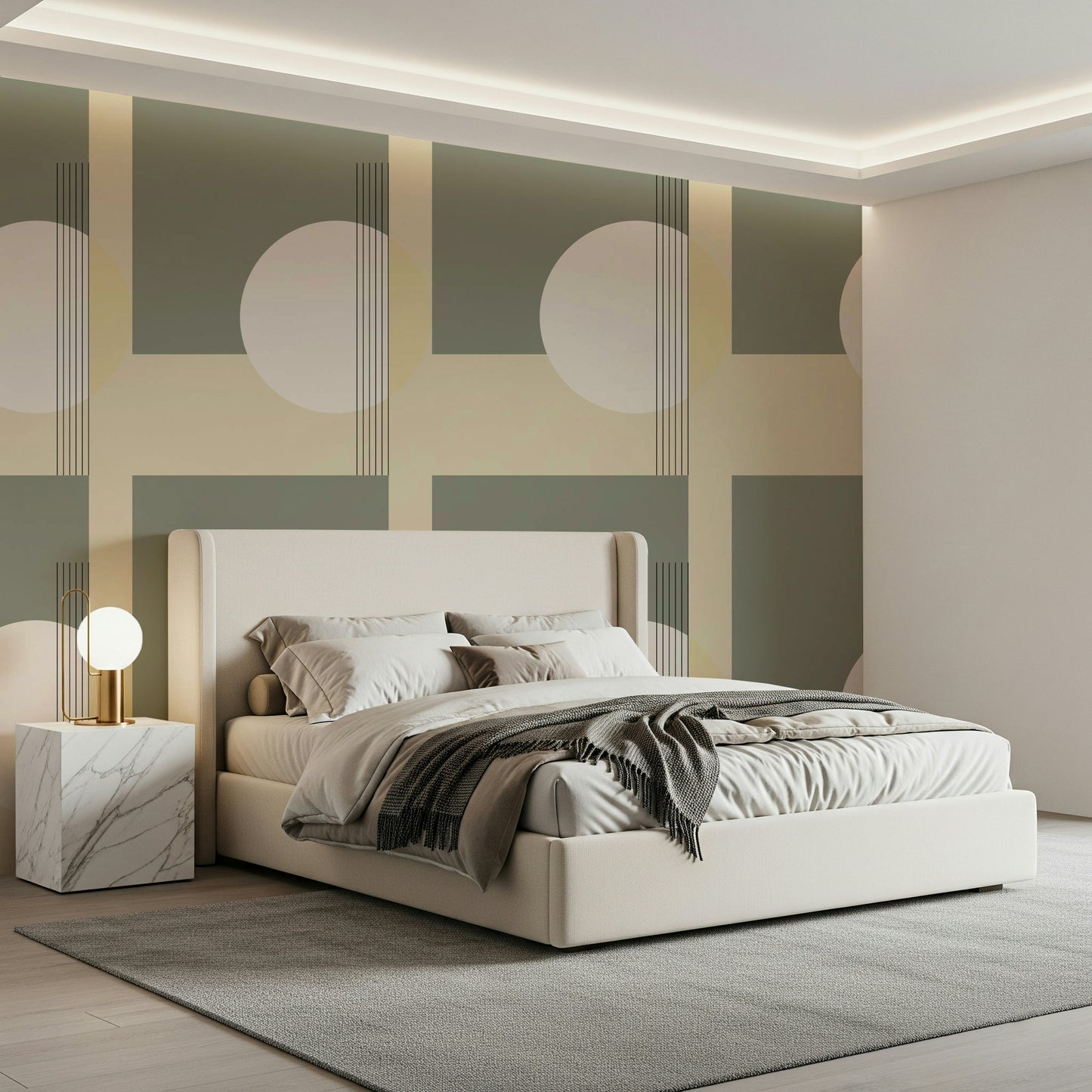 Elegant minimalist geometric mural in neutral colors, perfect for sophisticated interiors.