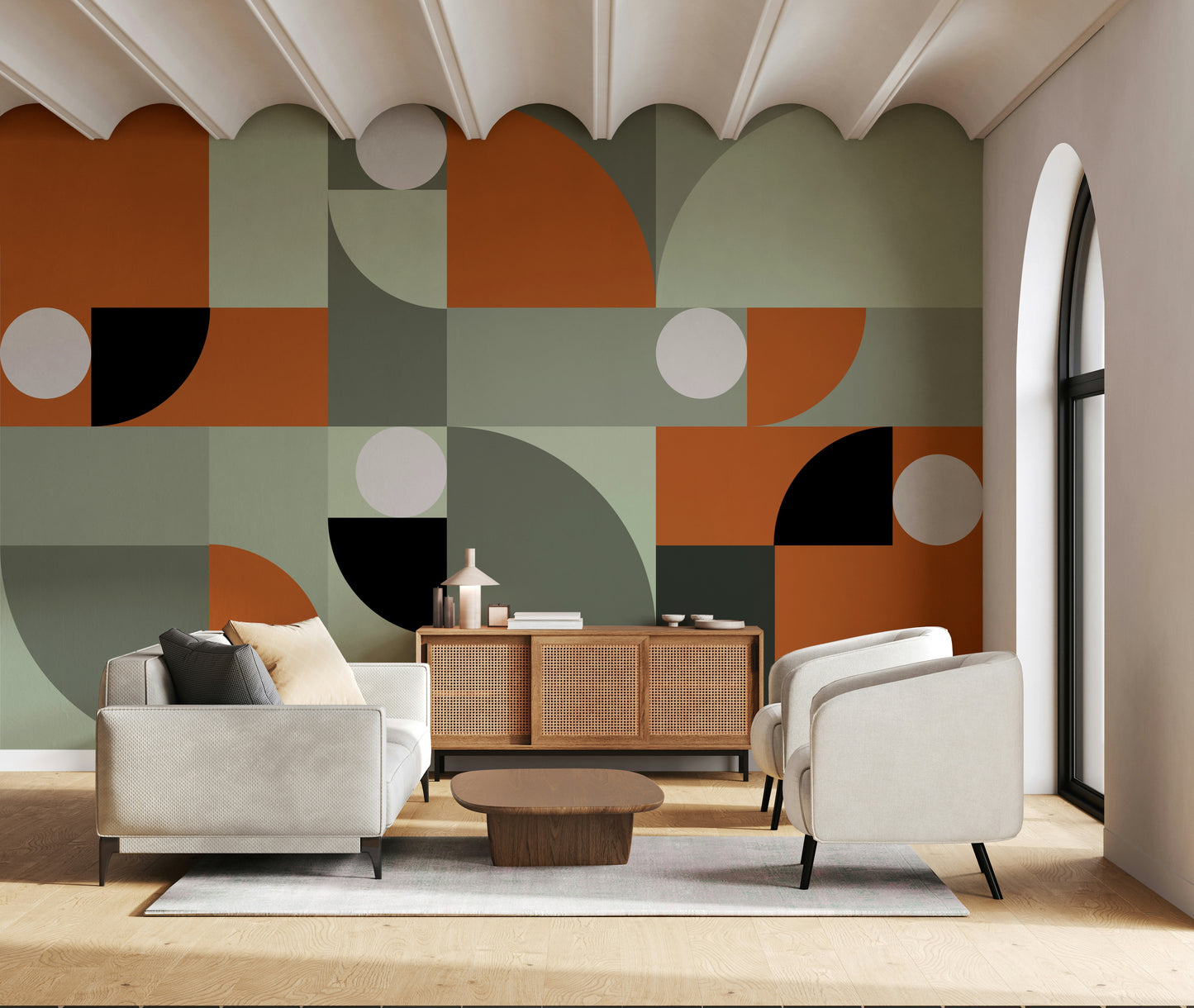 Terracotta and gray abstract wall mural adding earthy warmth and sophistication to interiors.