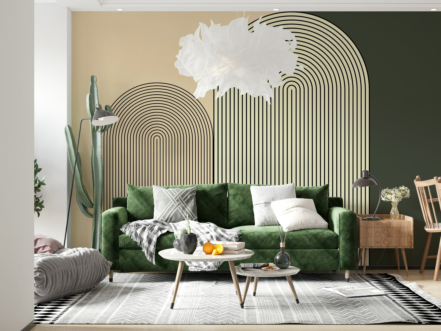 Abstract arch design wall mural with simple lines and soft color palette for refined spaces.
