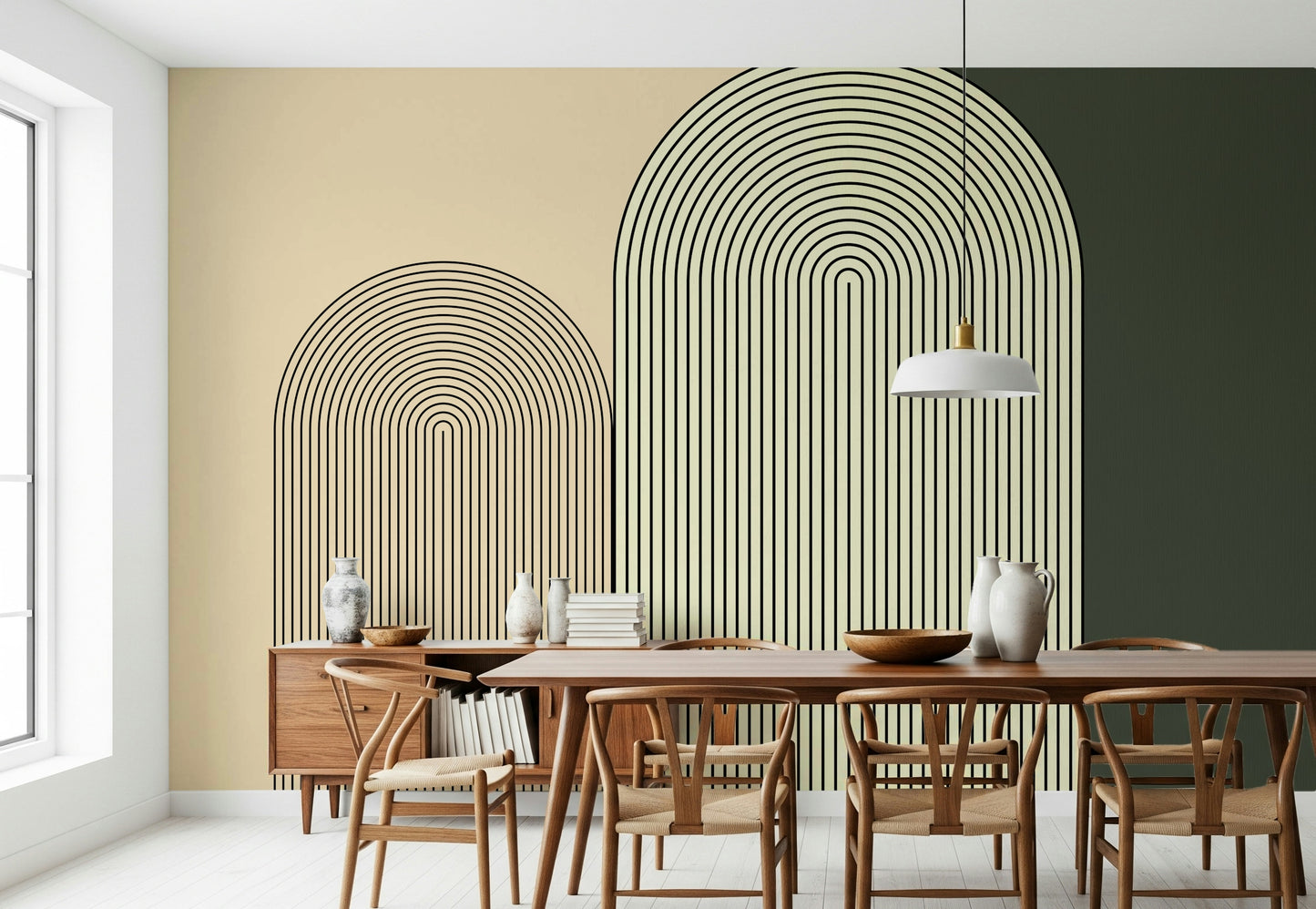 Minimalist arch design mural in soft beige and white tones perfect for modern interiors.