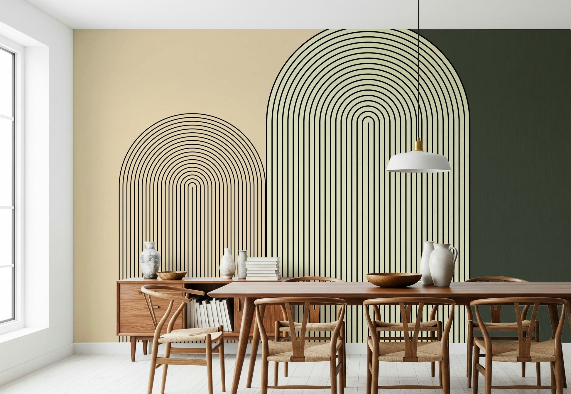Minimalist arch design mural in soft beige and white tones perfect for modern interiors.