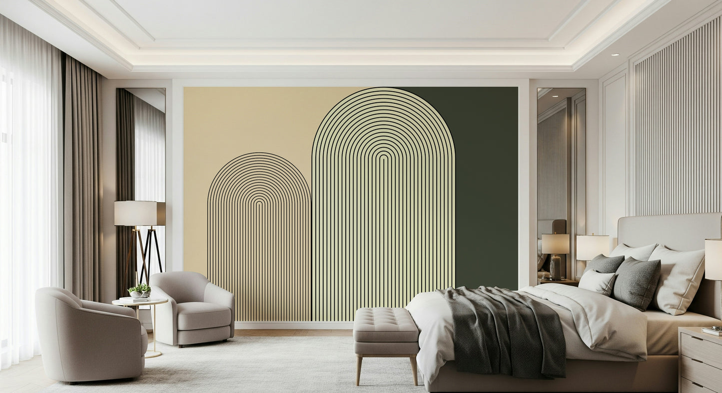 Stylish wall mural with abstract arch patterns adding depth and sophistication to walls.