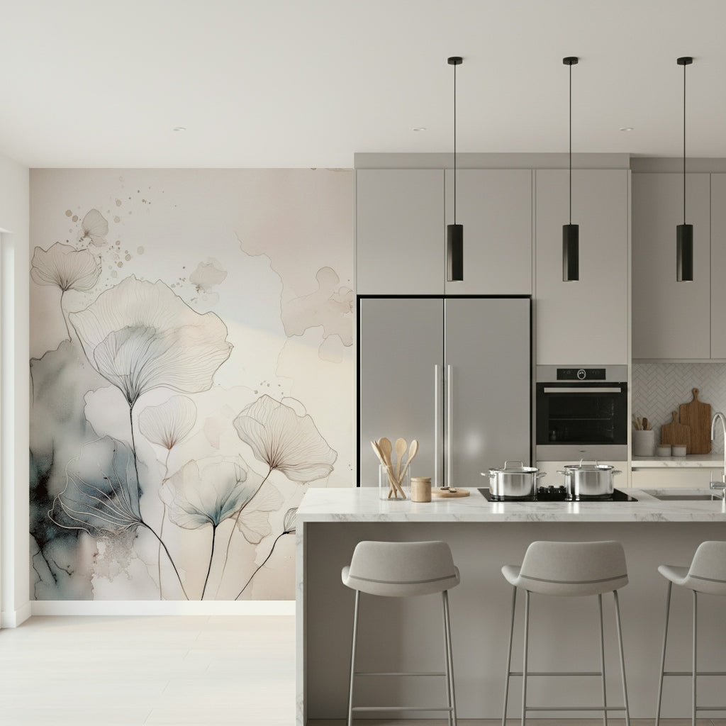 Fine Ink Wash Flowers Wall Mural