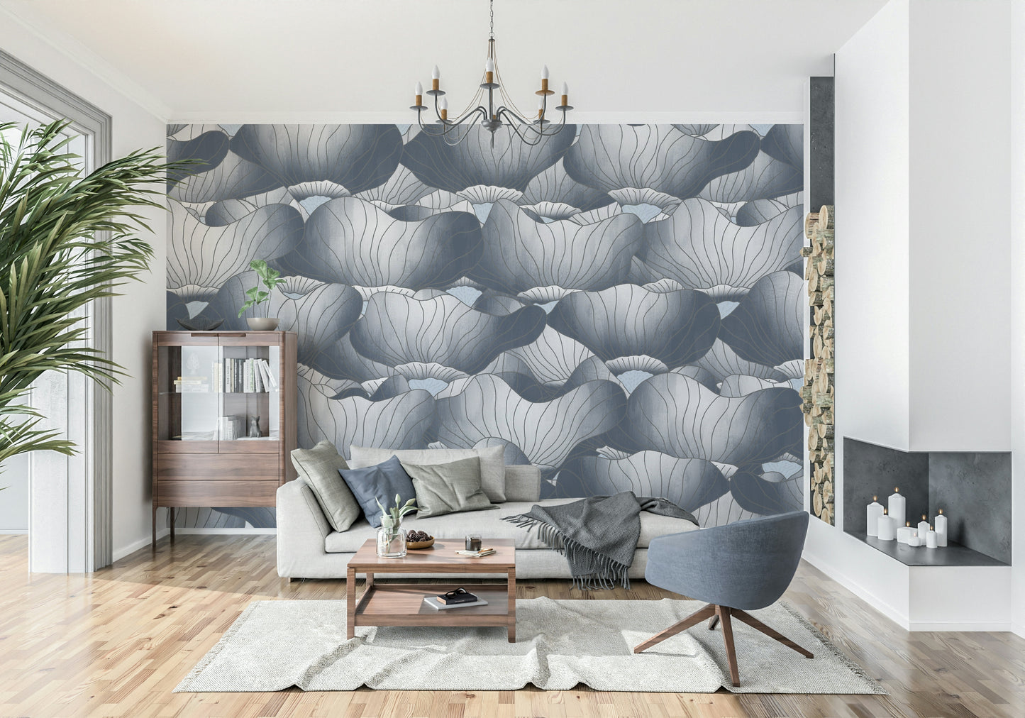 Navy Blue Botanical Bloom Waves  Wall Mural
