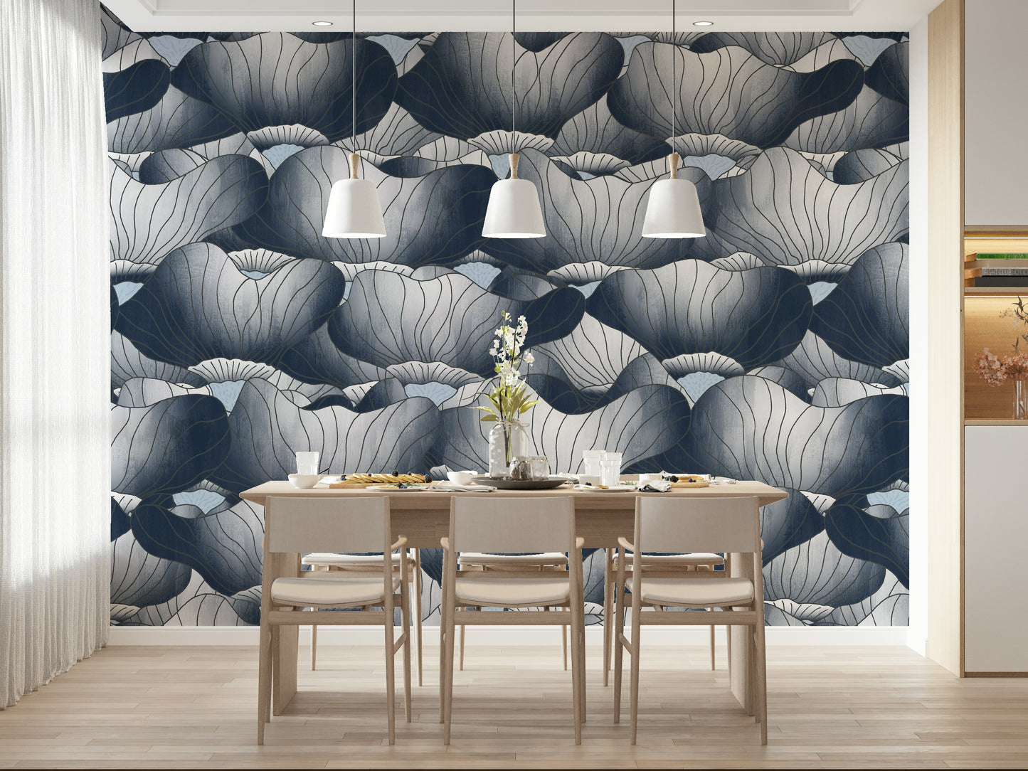 Navy Blue Botanical Bloom Waves  Wall Mural