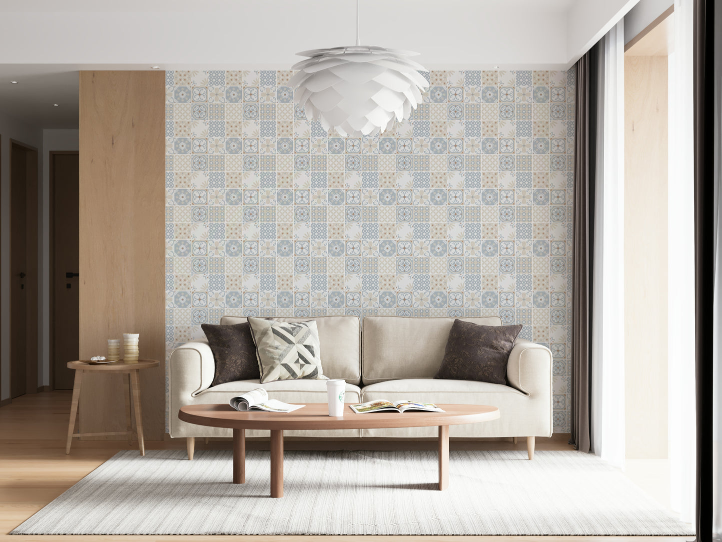 Vintage Folk Tiles – Blue Breeze Wallpaper⁠