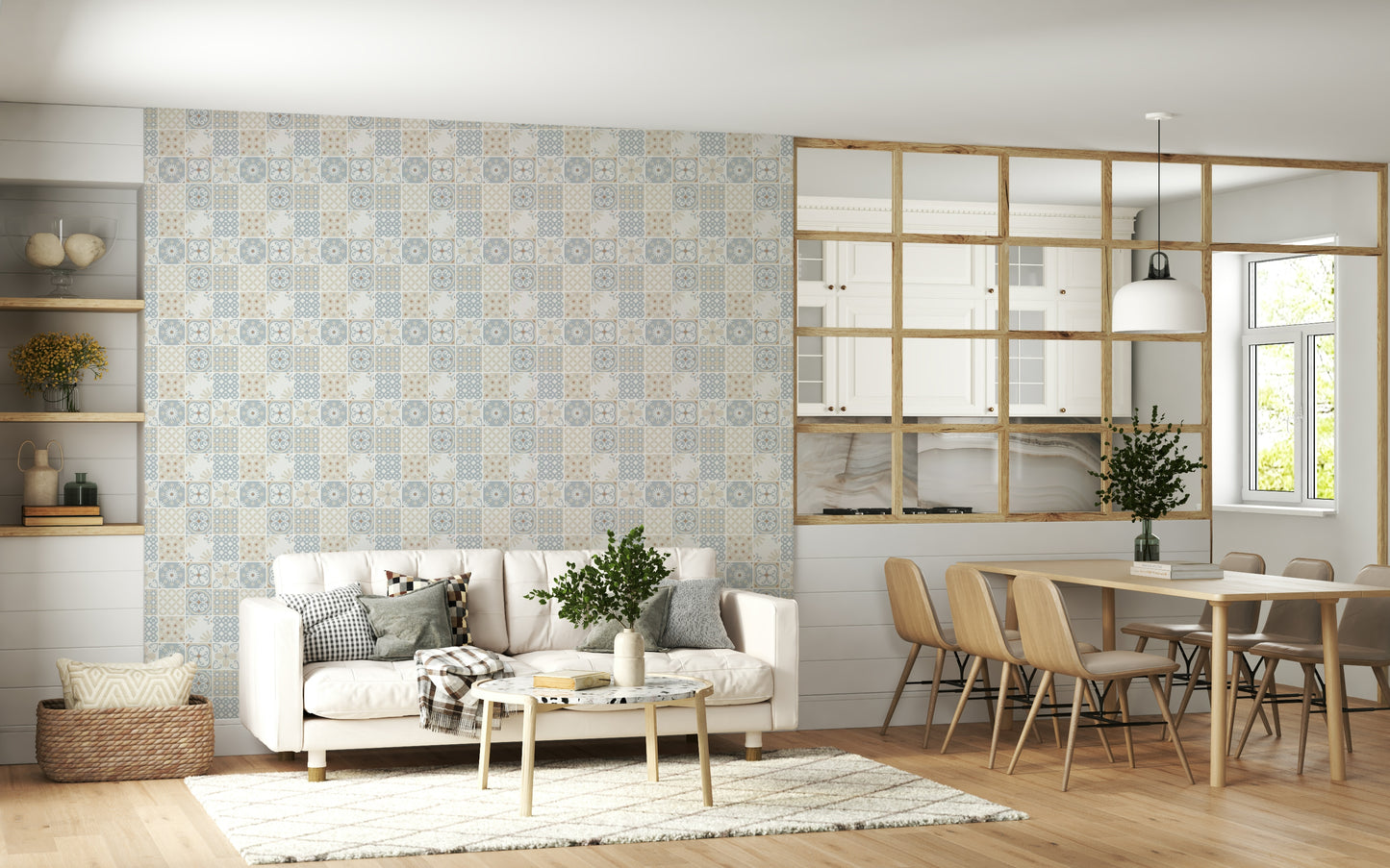 Vintage Folk Tiles – Blue Breeze Wallpaper⁠
