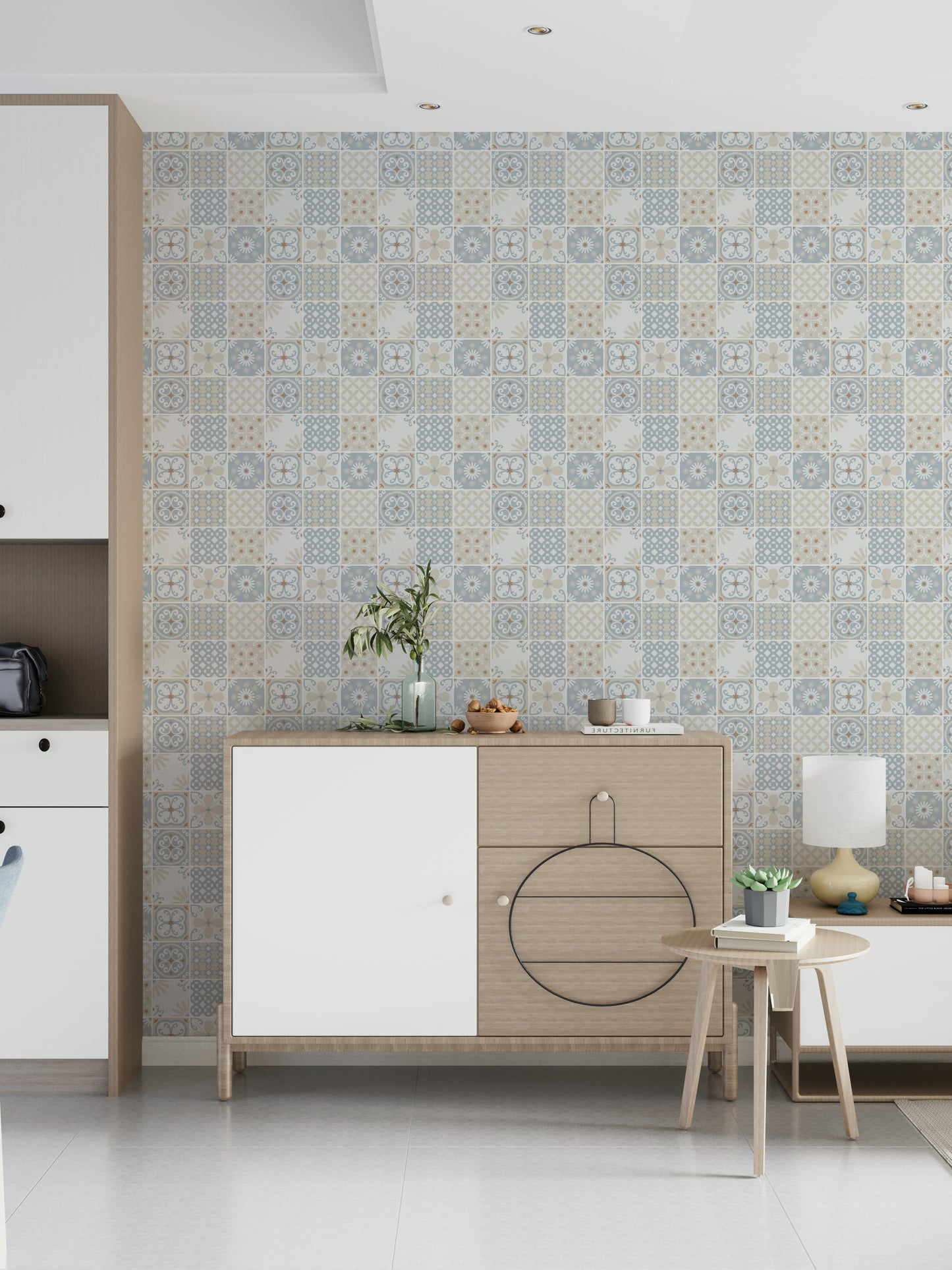 Vintage Folk Tiles – Blue Breeze Wallpaper⁠