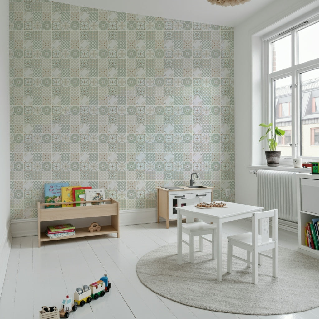Vintage Folk Tiles – Sage Green Wallpaper⁠