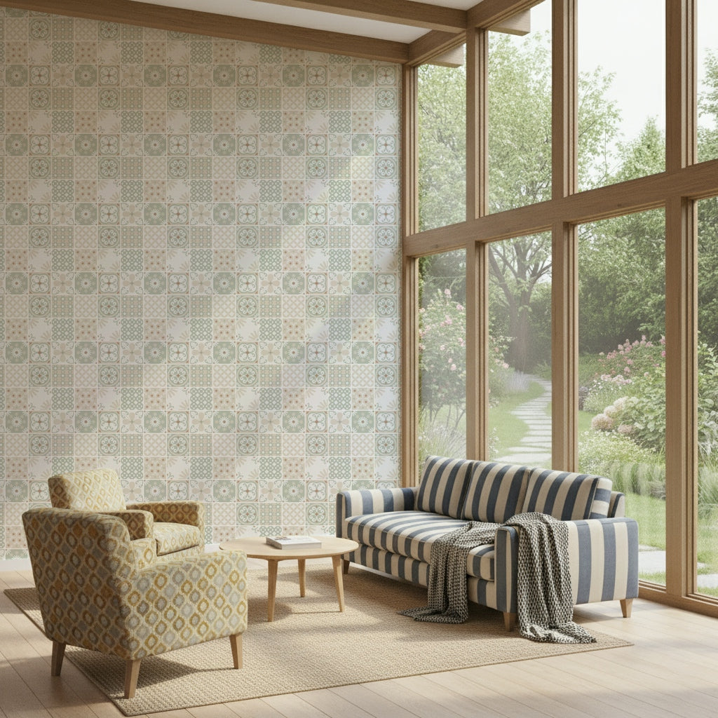Vintage Folk Tiles – Sage Green Wallpaper⁠