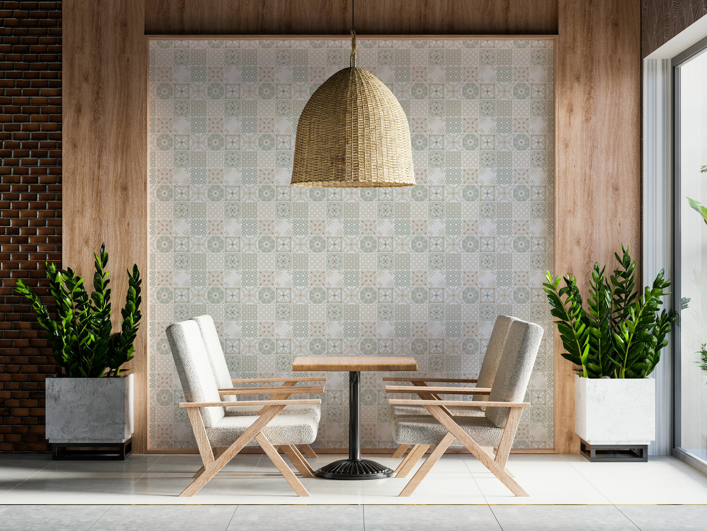 Vintage Folk Tiles – Sage Green Wallpaper⁠