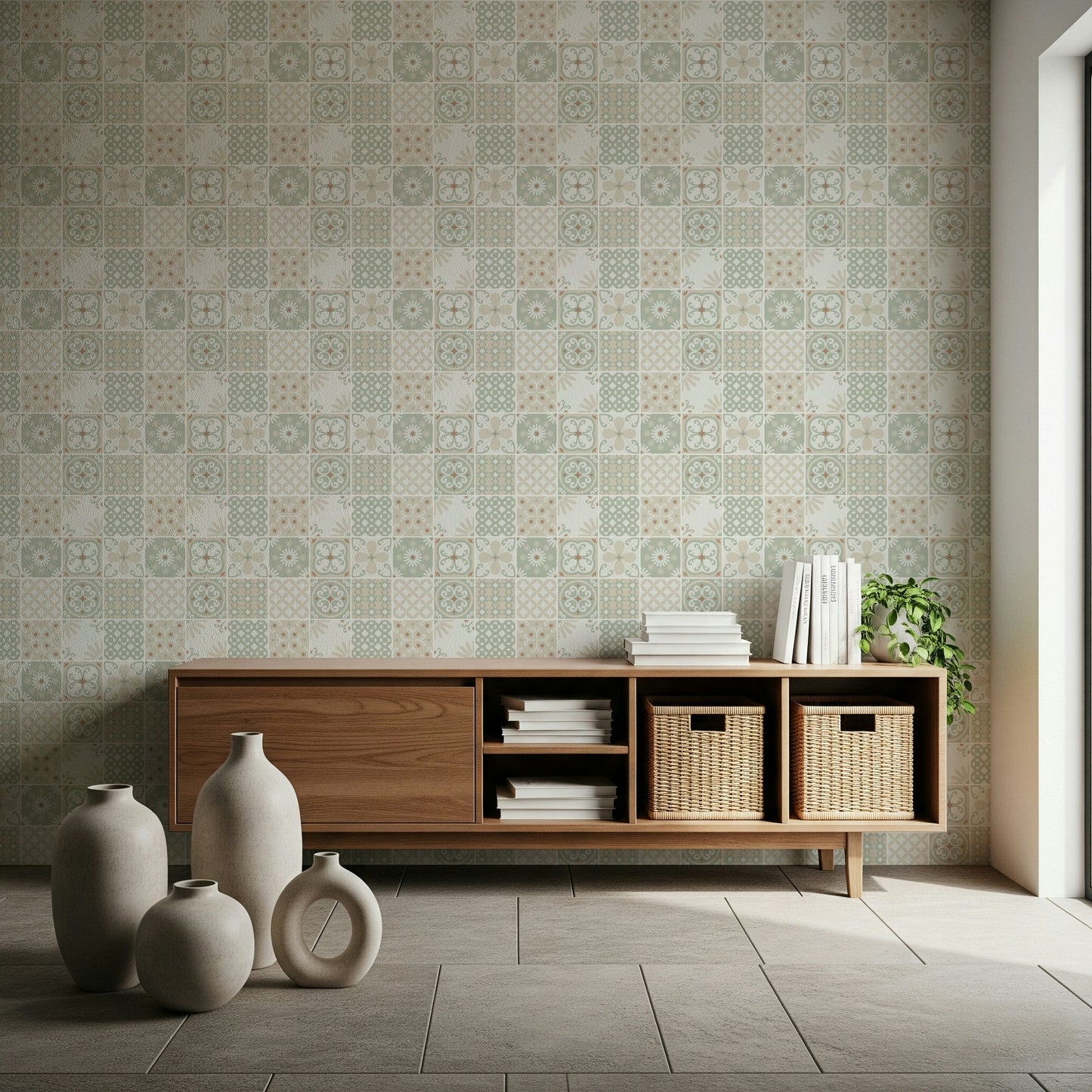 Vintage Folk Tiles – Sage Green Wallpaper⁠
