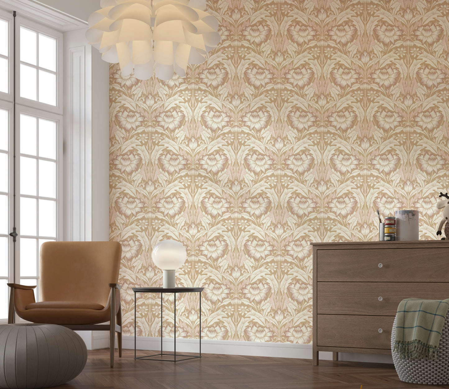 Neutral-toned wallpaper inspired by timeless garden elegance with subtle flower motifs.