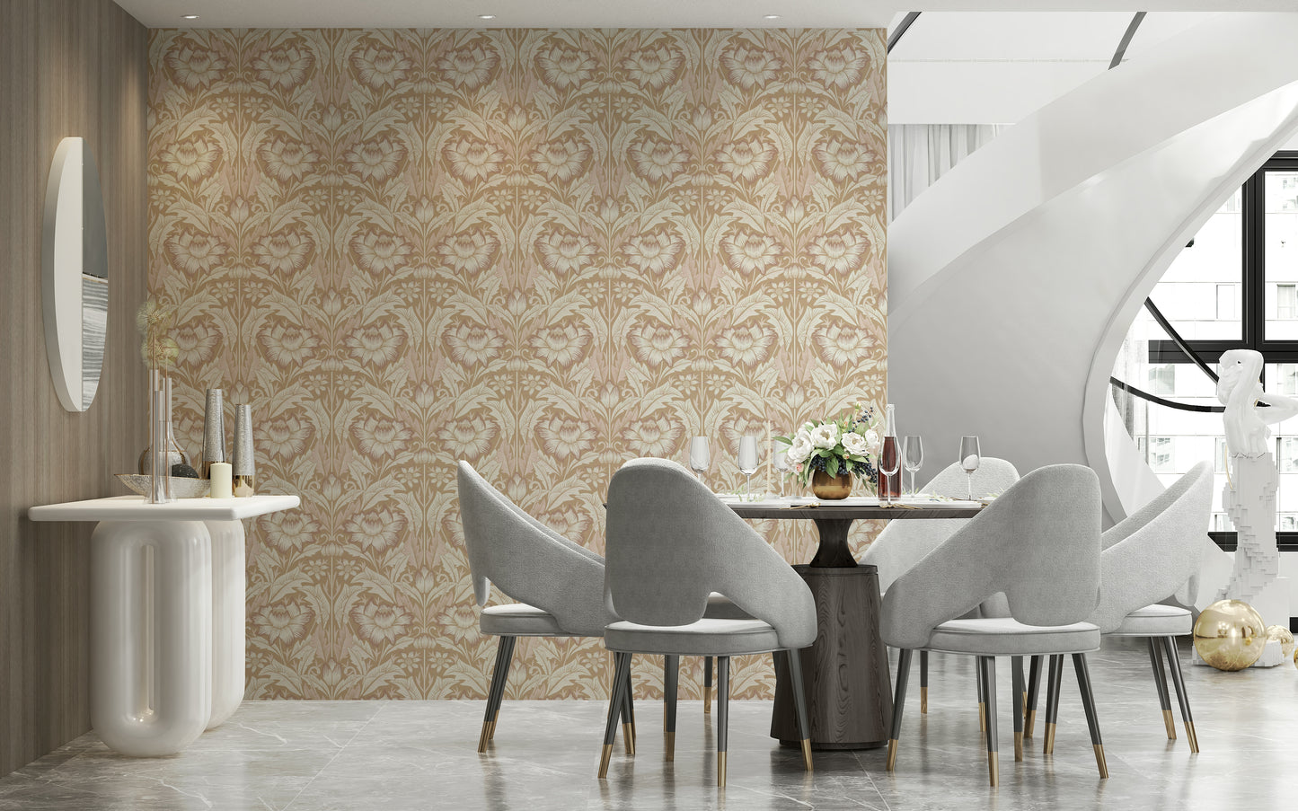 Subtle garden-inspired wallpaper in warm beige hues ideal for modern or vintage spaces.