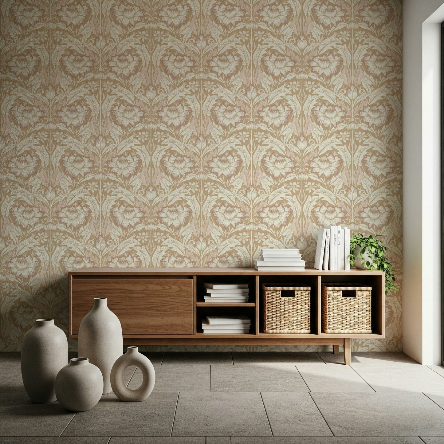 Classic botanical wallpaper in muted beige shades, perfect for a serene interior look.
