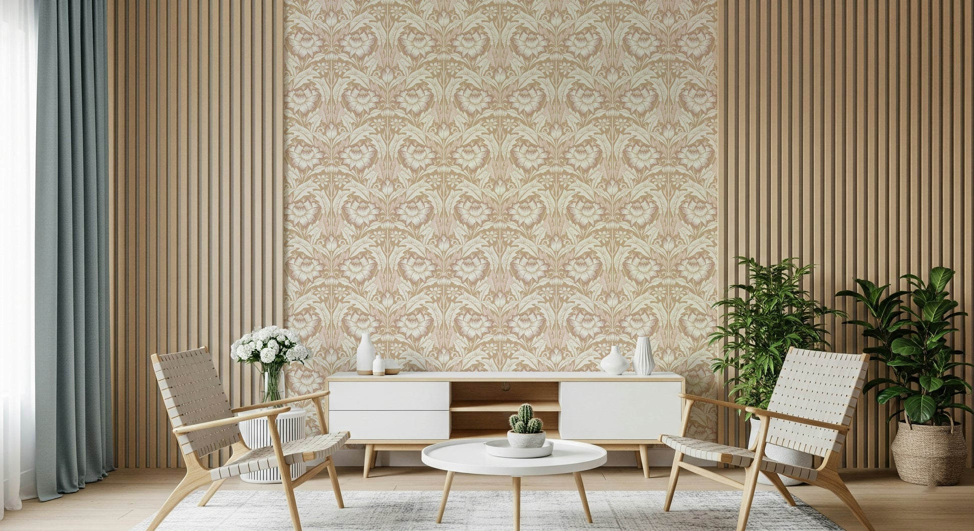 Beige floral wallpaper featuring graceful garden patterns that bring calm sophistication.