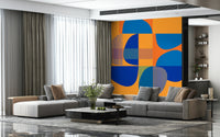 Bold Vivid Geometry design, striking orange and blue wall mural.