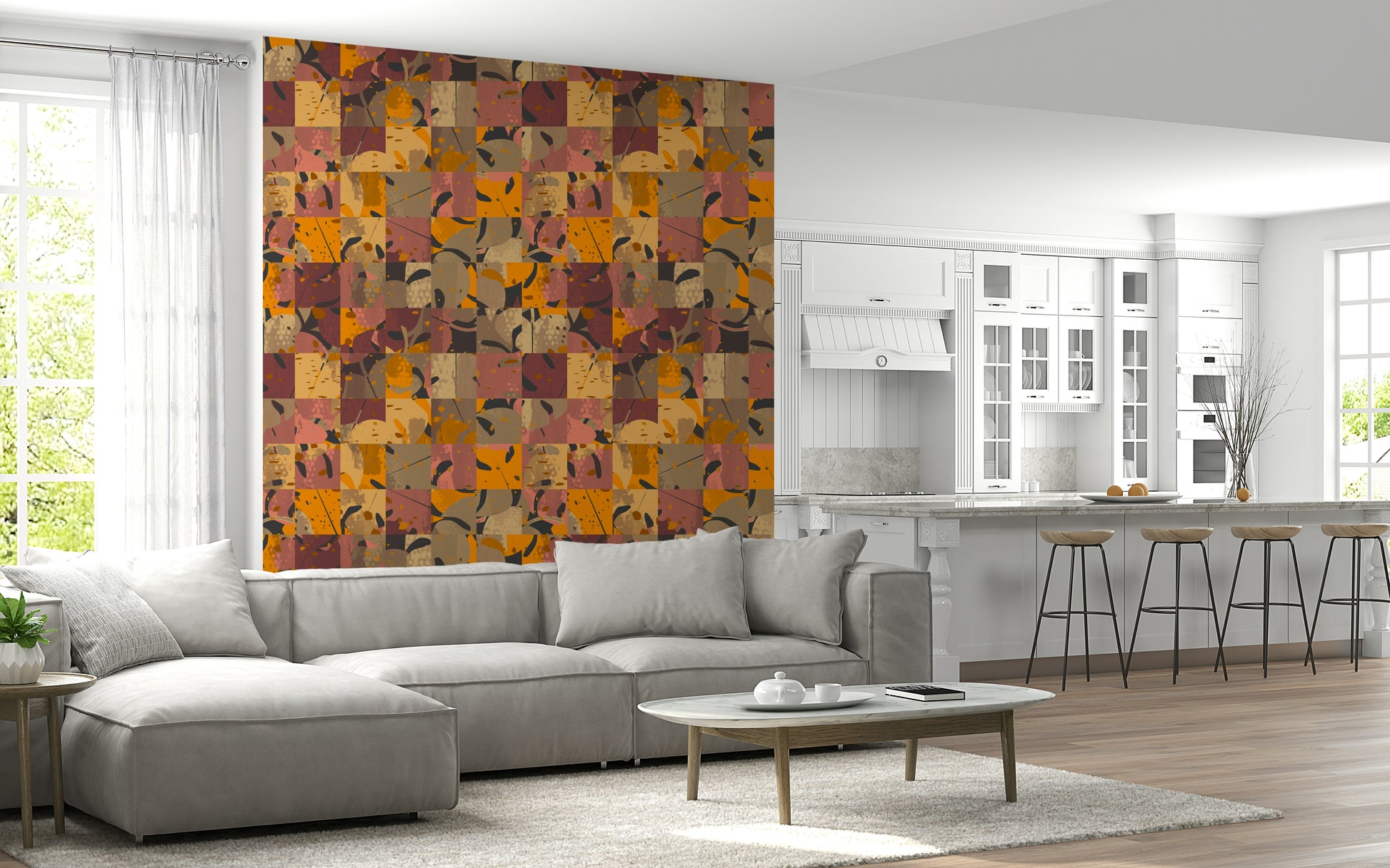 Warm colored check pattern Abstract Patchwork wallpaper decorative vibrant squares.