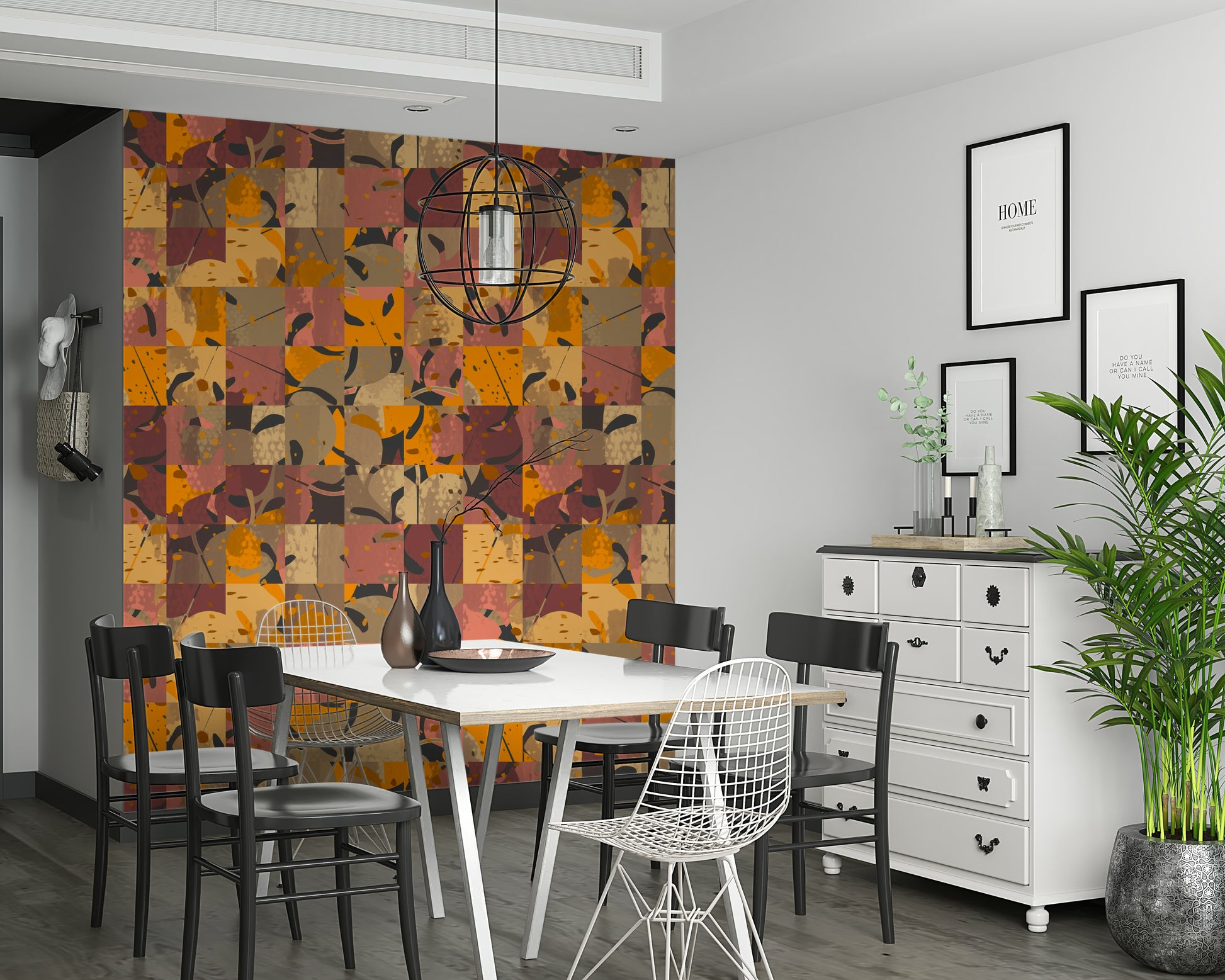 Earthy brown pink squares Abstract Patchwork mural wallpaper fragmented style.