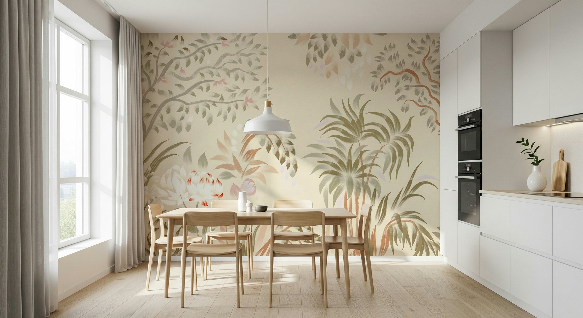 Serene jungle elements Garden Whispers wallcovering tranquil pastel color palette.