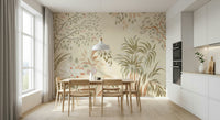 Serene jungle elements Garden Whispers wallcovering tranquil pastel color palette.