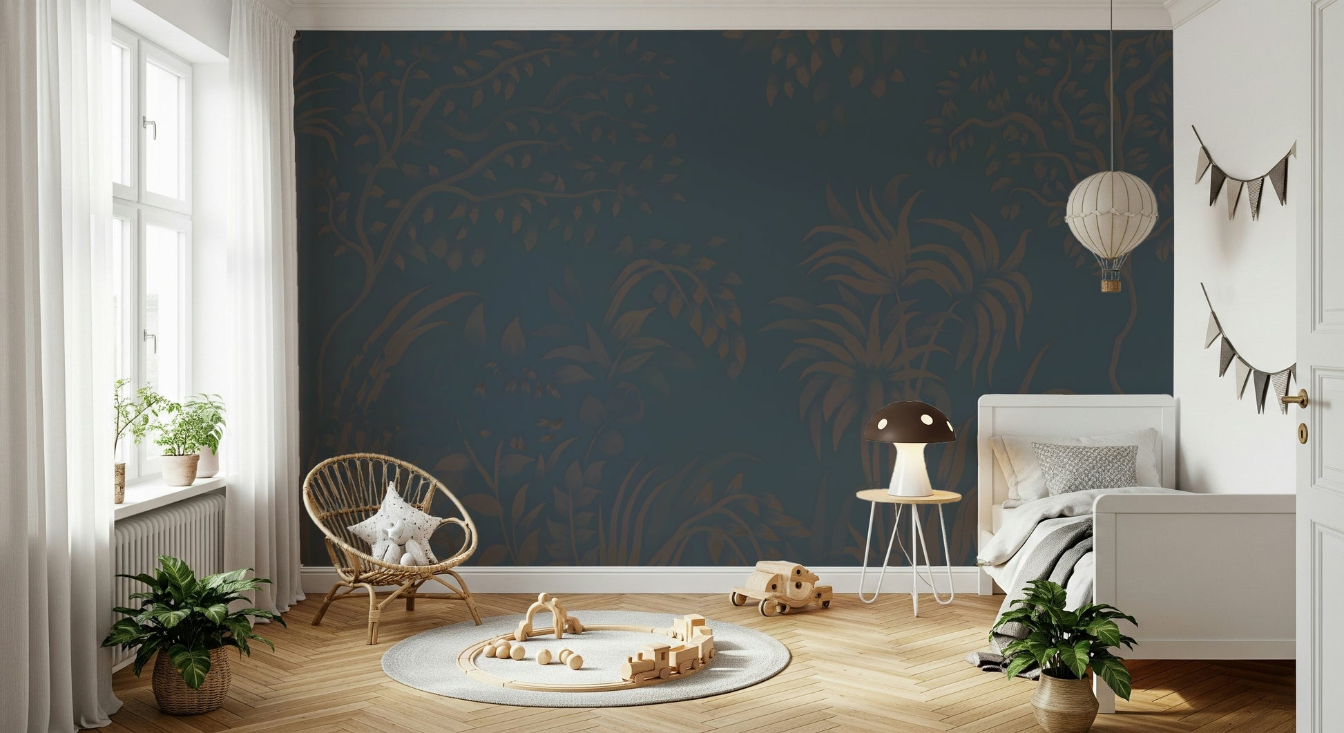 Dense jungle panorama Twilight Canopy mural decorative wall application.