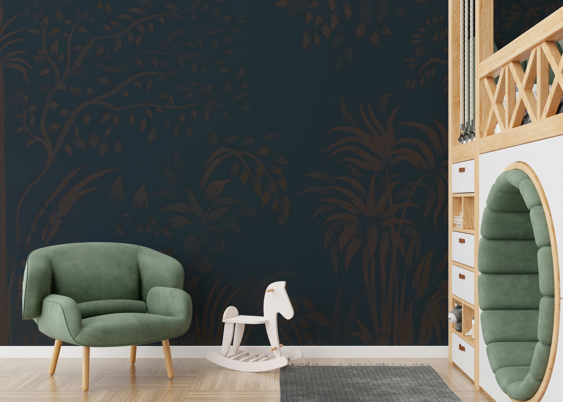 Abstract foliage artwork Twilight Canopy backdrop tranquil dark green hue.