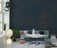 Textured leaves Twilight Canopy mural wallpaper deep navy bronze colors.