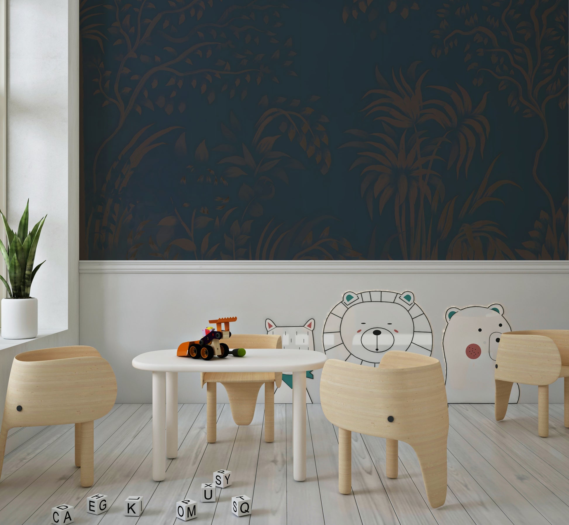 Oversized palm leaves Twilight Canopy wallpaper for walls designer pattern.