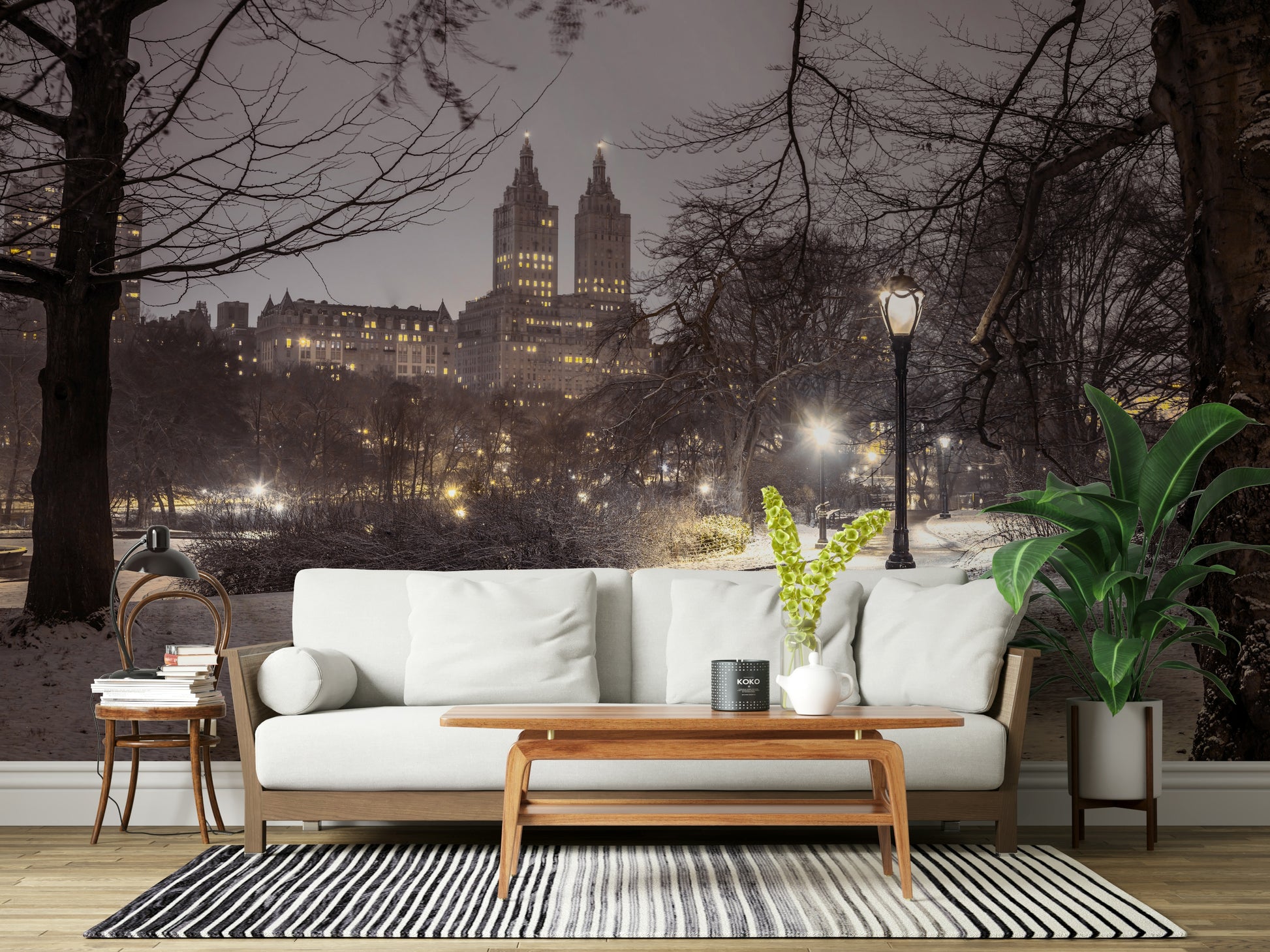 Snow dusting ground urban nature Park Path at Night wallpaper