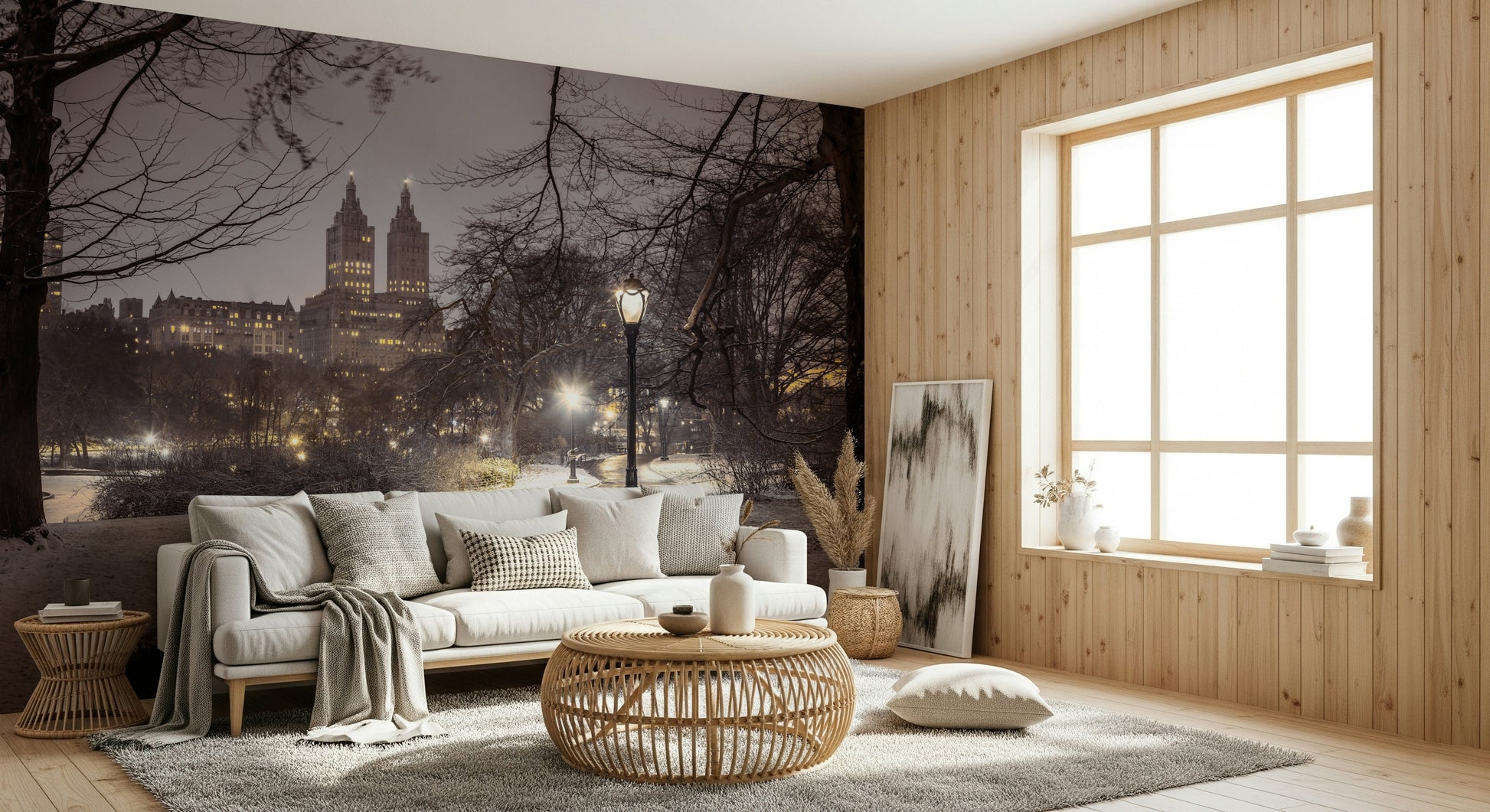 Tall buildings visible through branches Park Path at Night decor