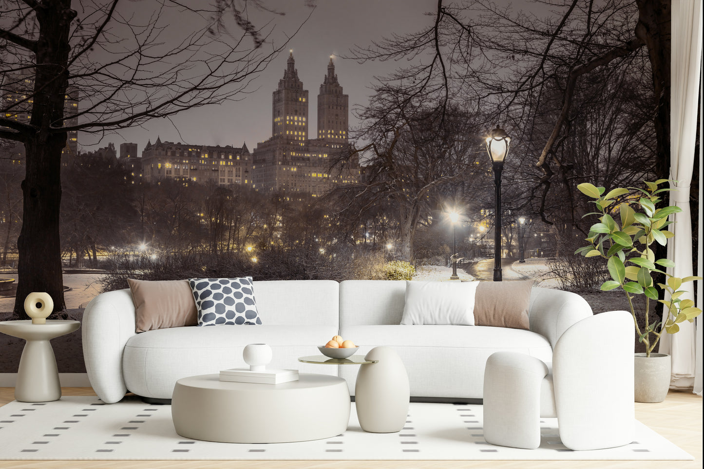 Park Path at Night winter cityscape mural wallpaper accent