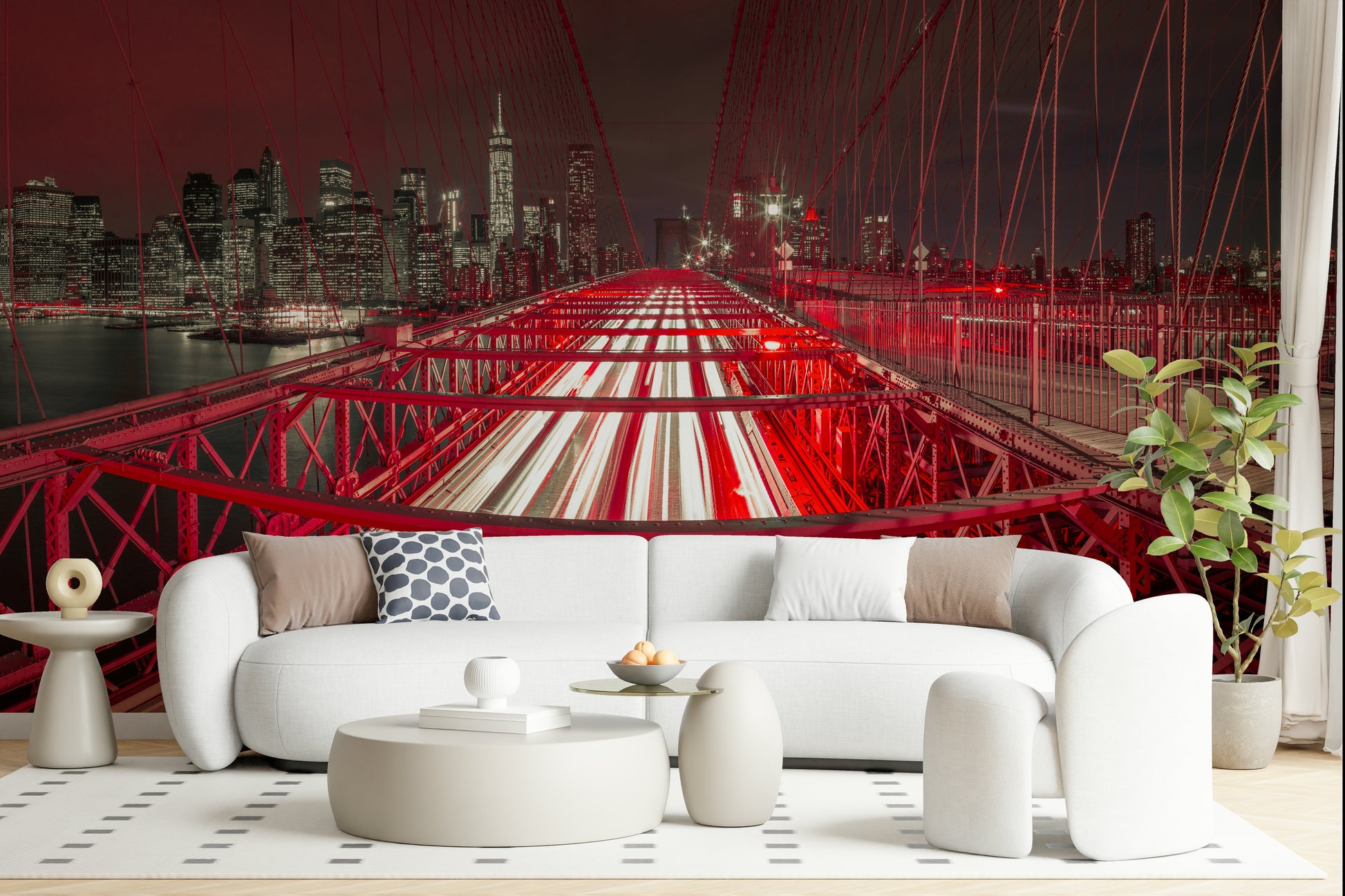 Night skyline wall art Crimson City Lights illuminated dynamic bridge.