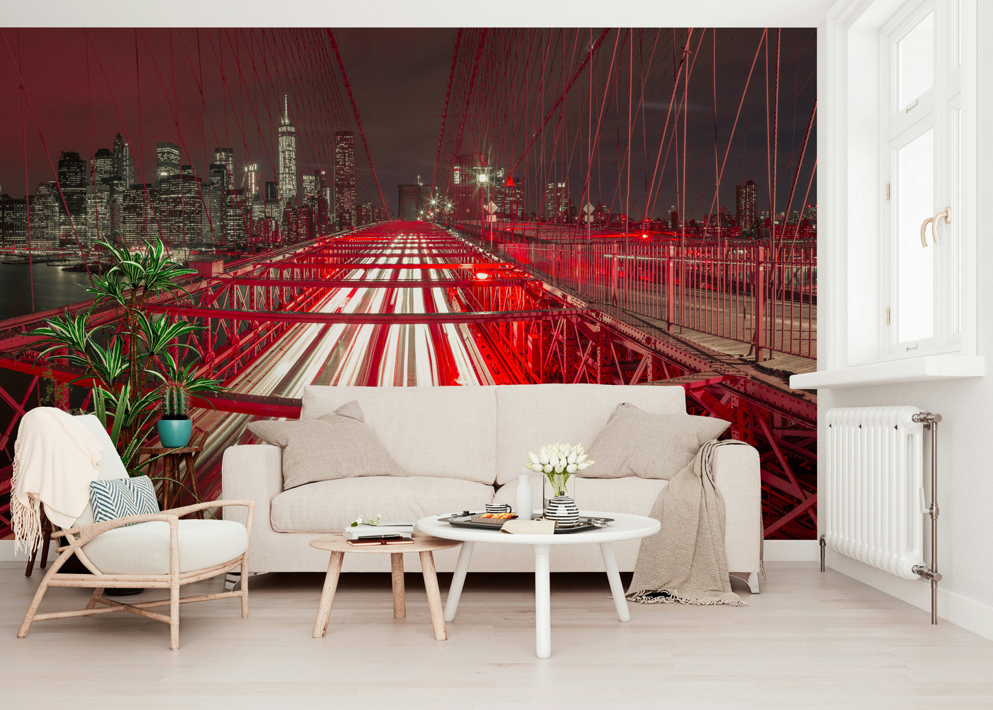 New York bridge wallpaper Crimson City Lights striking wall art.