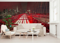 New York bridge wallpaper Crimson City Lights striking wall art.