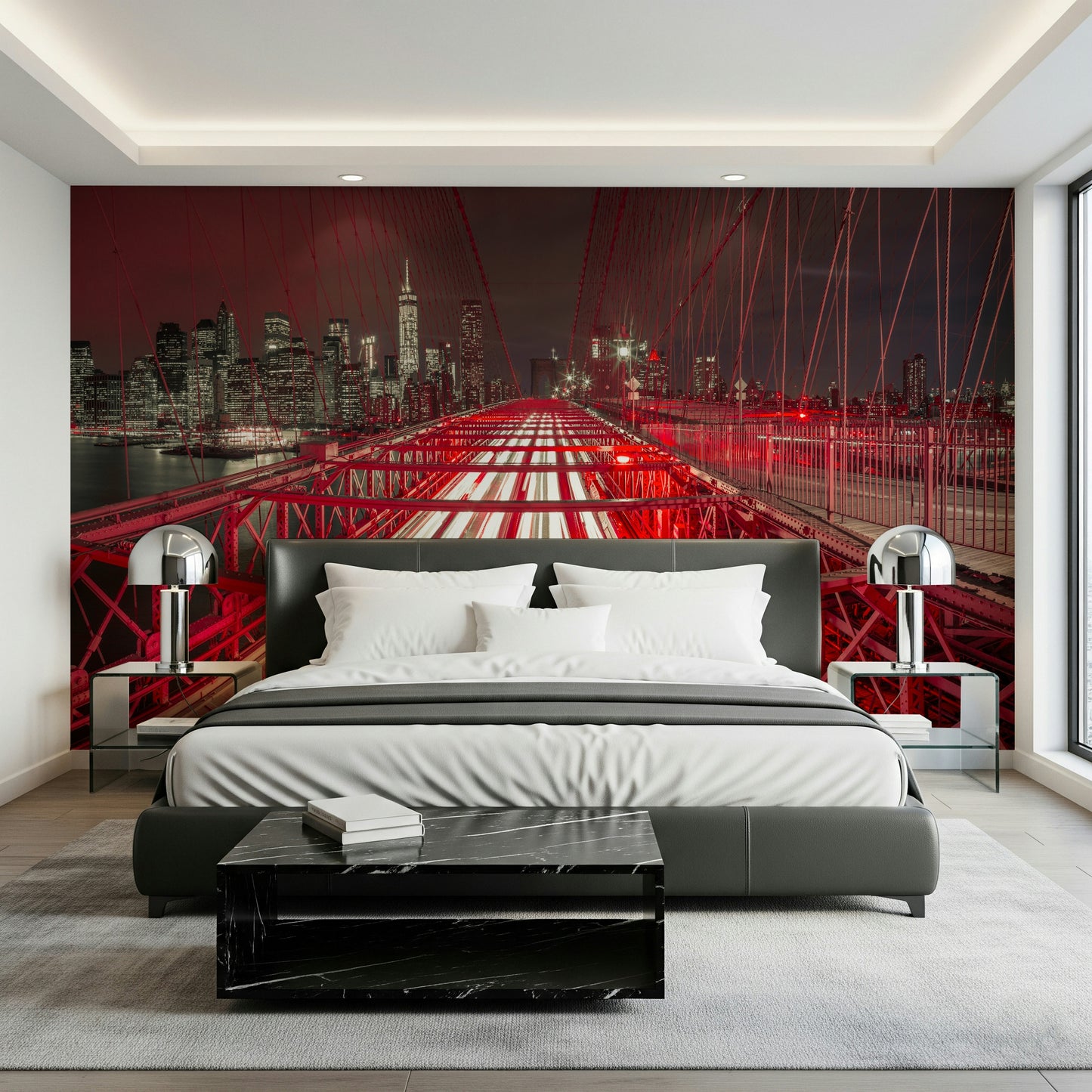 Captivating Crimson City Lights wall mural bridge stunning design.